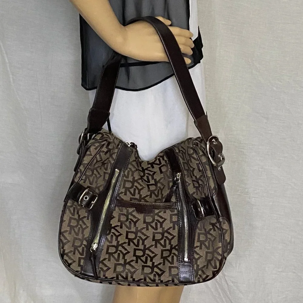 DKNY Brown Tan All Over Logo Fabric Hobo Bag
